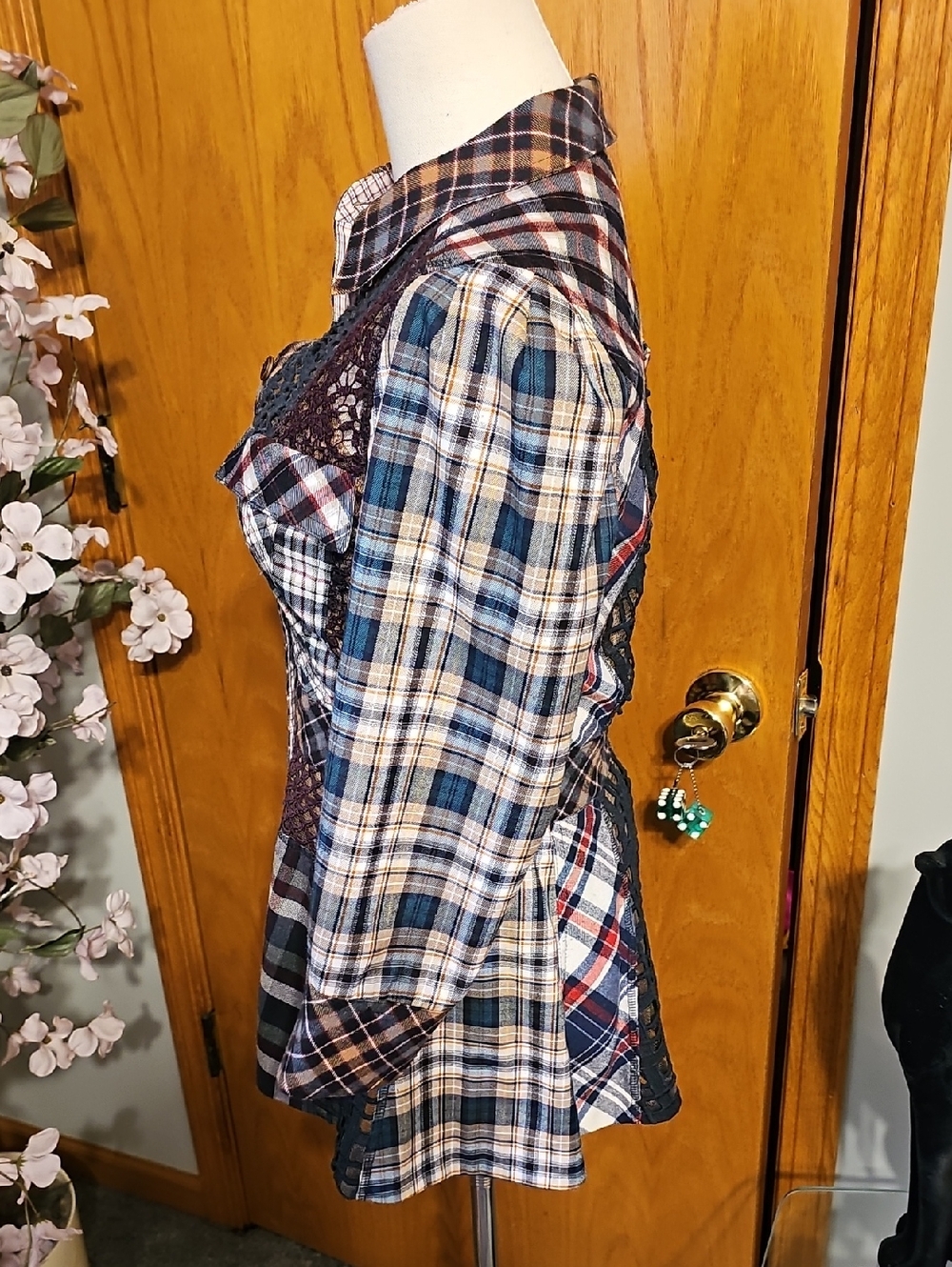 Byron Lars Plaid Sheer Panel Peplum Top - Picture 4 of 9